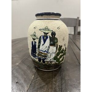Mexico Tonala Pottery Vase Mexican Folk Art Mother Father Son Desert  9" Pajaros